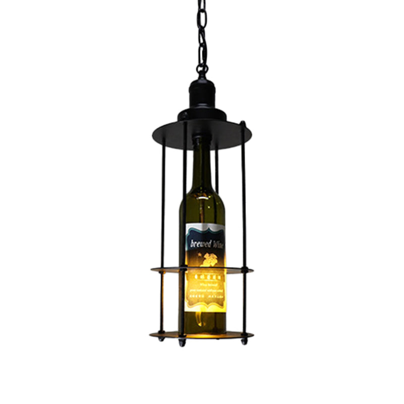 Vintage Wine Bottle Drop Pendant with Wire Cage - Black Glass Hanging Lamp