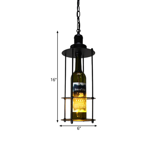 Vintage Wine Bottle Drop Pendant with Wire Cage - Black Glass Hanging Lamp