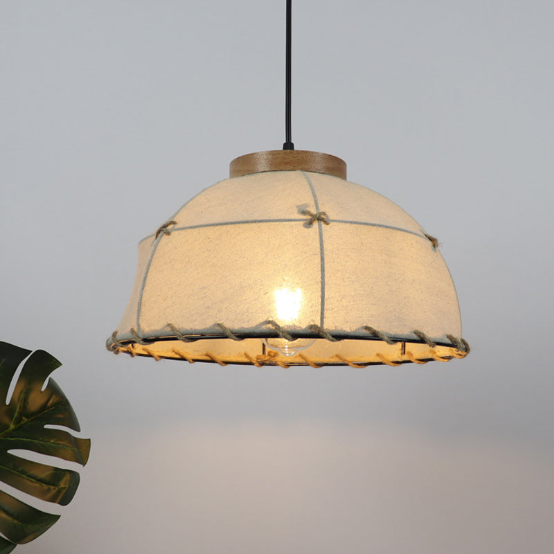 Farm Style Pendant Light - Beige Fabric Ceiling Lamp With Wooden Top 14/16/18 Wide / 14