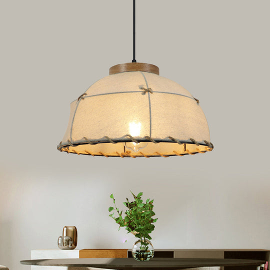 Rustic Beige Fabric Ceiling Pendant Light with Wooden Top, 14"/16"/18" Wide