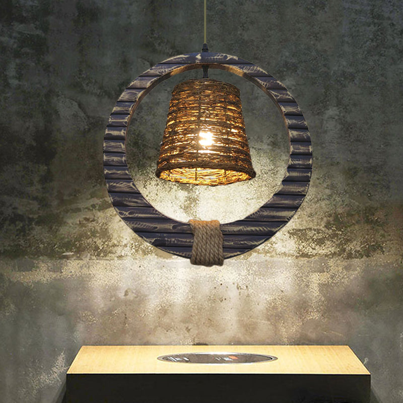 Antique Black Rattan Cone Pendant Light With Hemp Rope And Round Wood - 1 Bulb Hanging Lamp