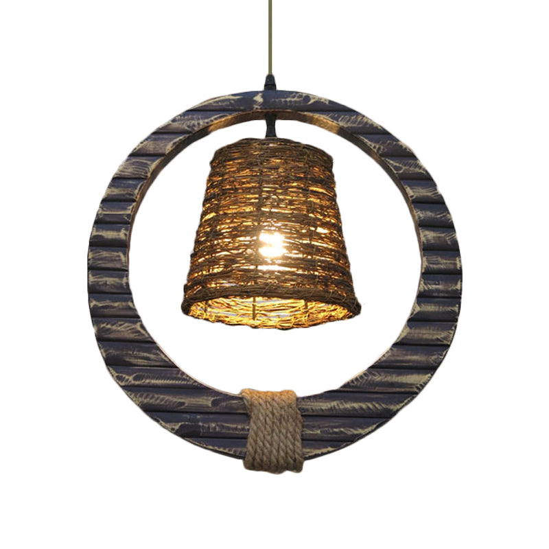 Antique Black Rattan Cone Pendant Light With Hemp Rope And Round Wood - 1 Bulb Hanging Lamp