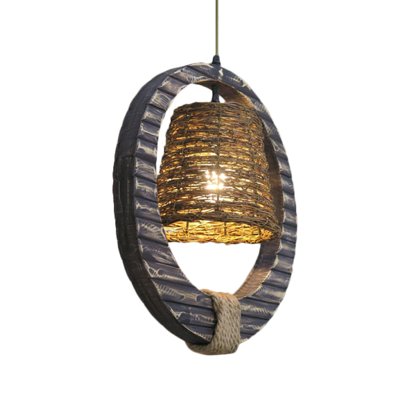 Antique Black Rattan Cone Pendant Light With Hemp Rope And Round Wood - 1 Bulb Hanging Lamp