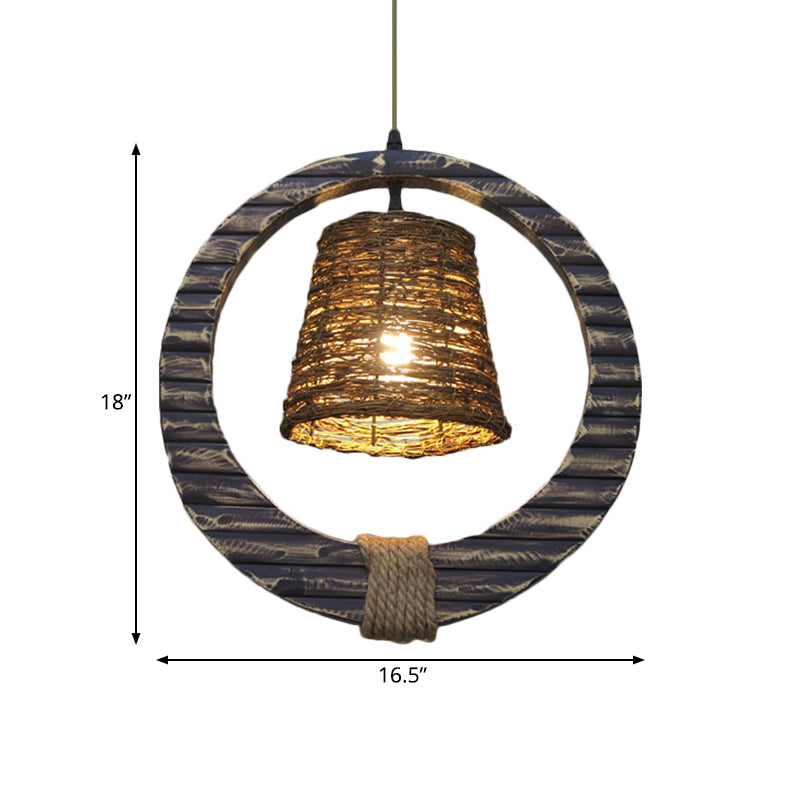 Antique Black Rattan Cone Pendant Light With Hemp Rope And Round Wood - 1 Bulb Hanging Lamp