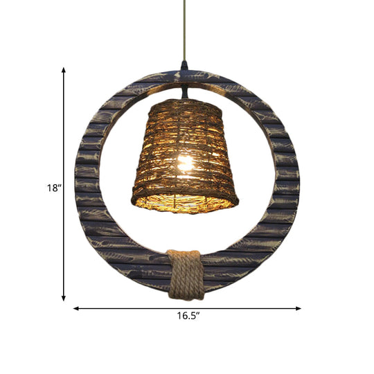 Antique Black Rattan Cone Pendant Light With Hemp Rope And Round Wood - 1 Bulb Hanging Lamp