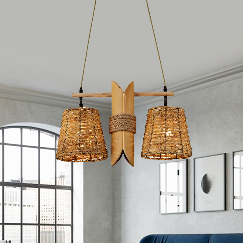 Rattan Conic Restaurant Pendant Lamp With 2 Beige Heads And Bamboo Tube Decoration