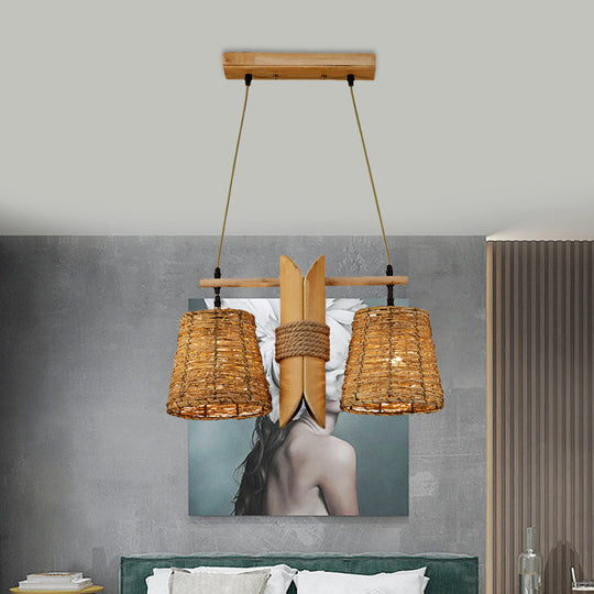 Rattan Conic Restaurant Pendant Lamp With 2 Beige Heads And Bamboo Tube Decoration