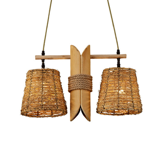 Rattan Conic Restaurant Pendant Lamp With 2 Beige Heads And Bamboo Tube Decoration