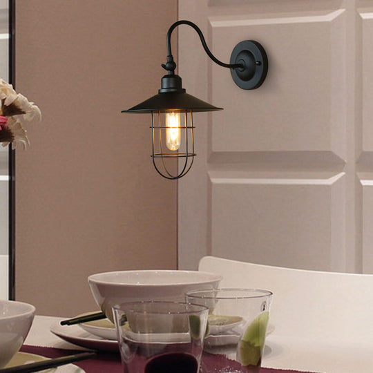 Metal Black Wall Lamp With Flared Shade: Nautical Style 1-Head Lighting For Hallway