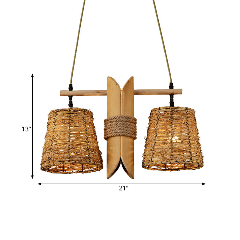 Rattan Conic Restaurant Pendant Lamp With 2 Beige Heads And Bamboo Tube Decoration