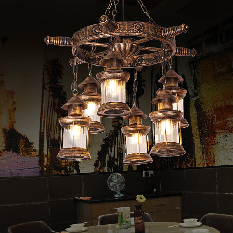 Nautical Lantern Chandelier Light Fixture - Brown with Rudder Decor, Clear Glass Pendants (6 Heads)