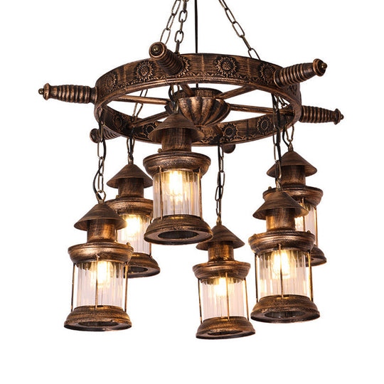 Nautical Lantern Chandelier - 6-Head Clear Glass Pendant Lamp With Rudder Decor In Brown