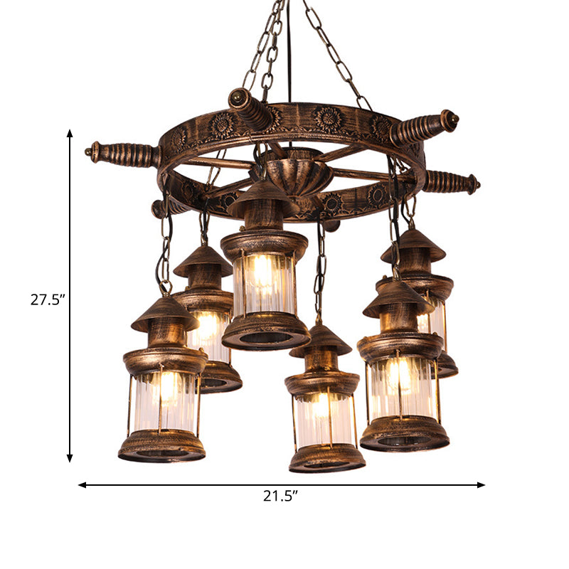 Nautical Lantern Chandelier Light Fixture - Brown with Rudder Decor, Clear Glass Pendants (6 Heads)