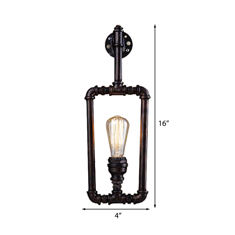 Metallic Water Pipe Industrial Wall Sconce - 1 Light Rectangle Lamp For Living Room In Black