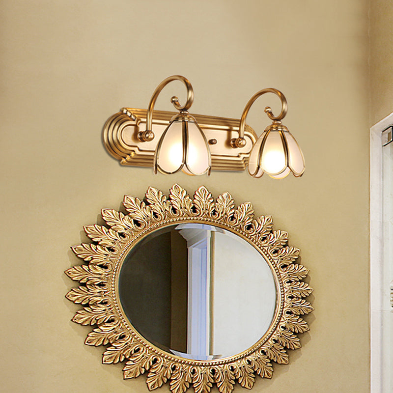 Gold Colonial Blossom Cream Glass Wall Sconce Vanity Light - 2-Bulb Mount