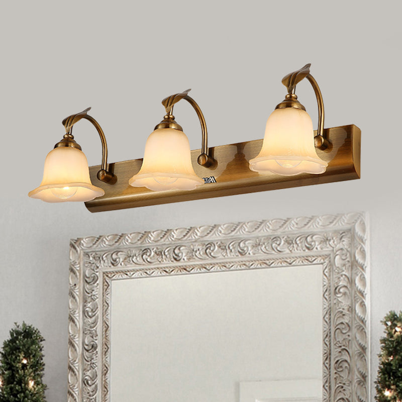 Gold Colonial Glass Bloom Vanity Light Fixture For Bathroom With Leaf Decor - 1/2/3-Head 3 /