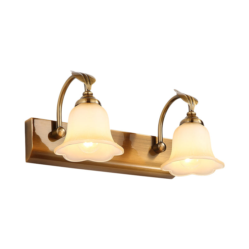 Gold Colonial Glass Bloom Vanity Light Fixture For Bathroom With Leaf Decor - 1/2/3-Head