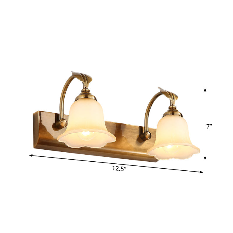 Gold Colonial Glass Bloom Vanity Light Fixture For Bathroom With Leaf Decor - 1/2/3-Head