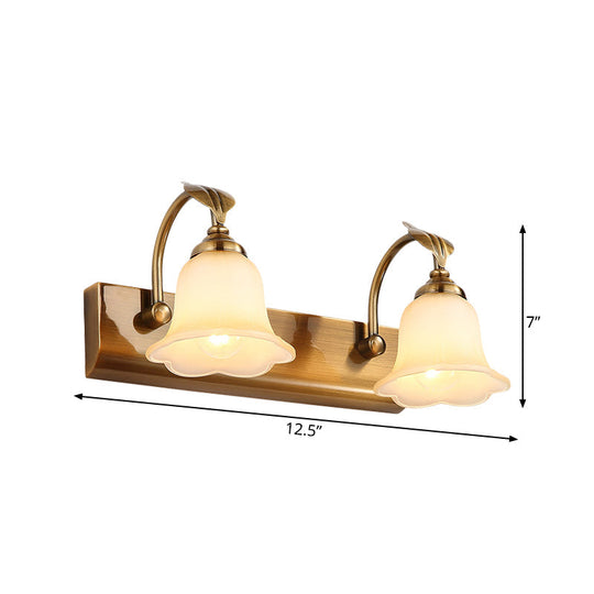 Gold Colonial Glass Bloom Vanity Light Fixture For Bathroom With Leaf Decor - 1/2/3-Head