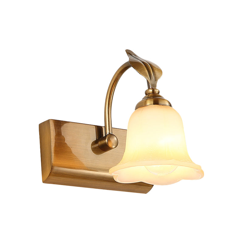 Gold Colonial Glass Bloom Vanity Light Fixture For Bathroom With Leaf Decor - 1/2/3-Head