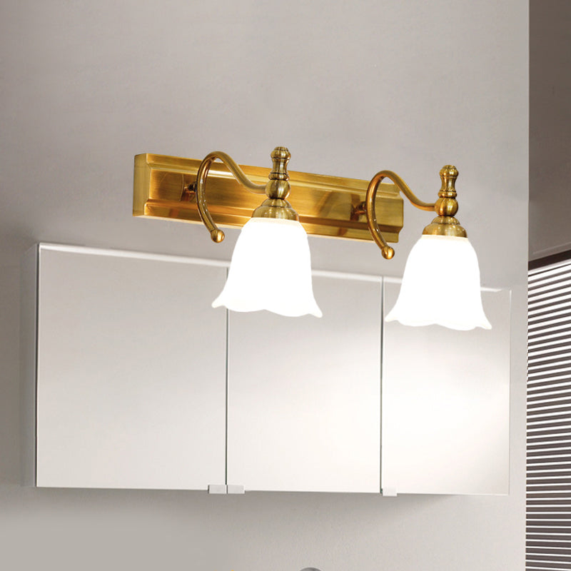 Colonial Wall Vanity Light With Flower Opal Glass Shade In Gold - 2/3 Heads