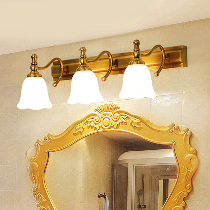 Colonial Wall Vanity Light With Flower Opal Glass Shade In Gold - 2/3 Heads 3 /