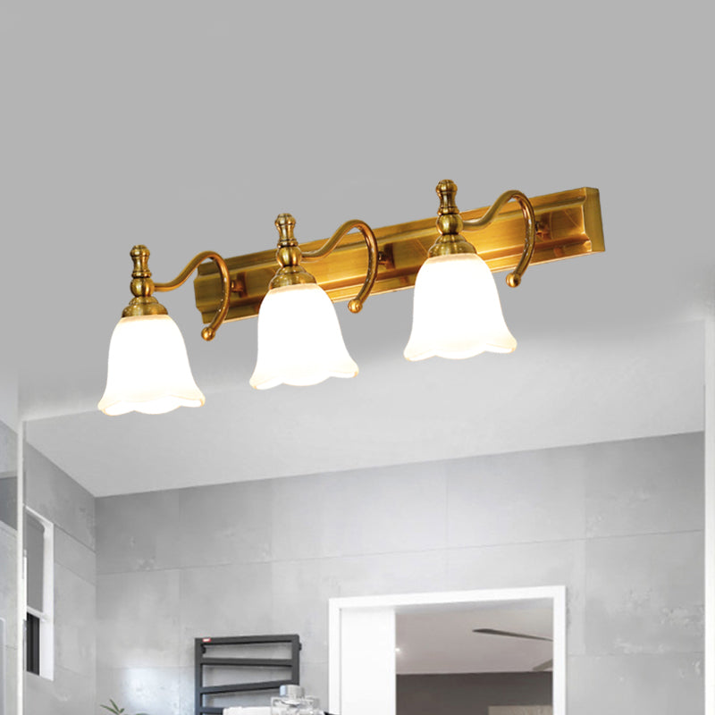 Colonial Wall Vanity Light With Flower Opal Glass Shade In Gold - 2/3 Heads