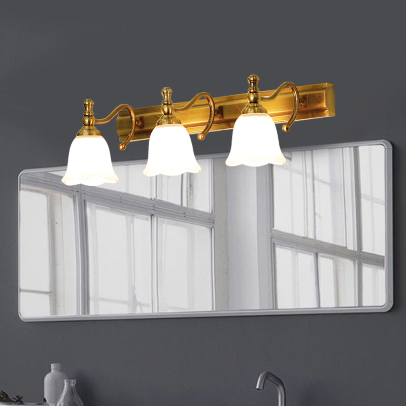 Colonial Wall Vanity Light With Flower Opal Glass Shade In Gold - 2/3 Heads