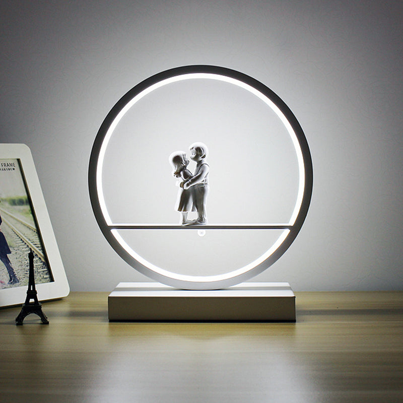 Romantic Acrylic Table Lamp: Simple Black/White Hoop Nightstand Light With Lover Statuette