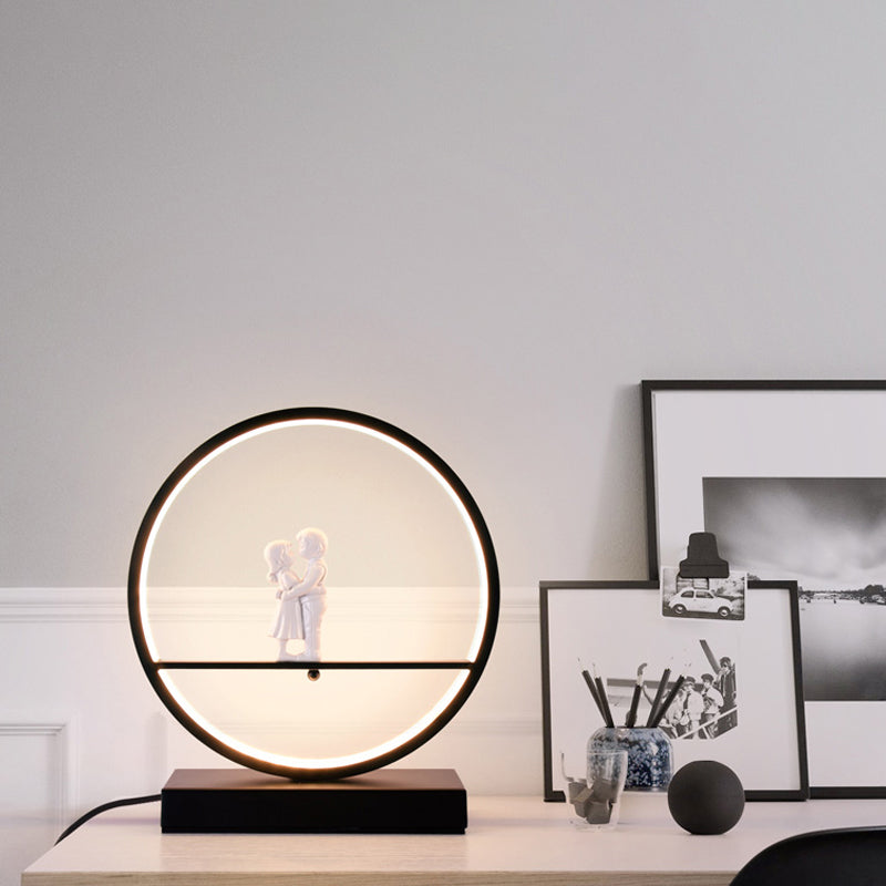 Simona - Romantic Black/White Hoop Nightstand Light Simple Romantic Acrylic Table Lamp in Warm/White Light with Lover Statuette