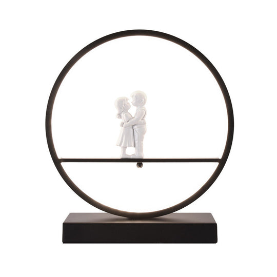 Romantic Acrylic Table Lamp: Simple Black/White Hoop Nightstand Light With Lover Statuette