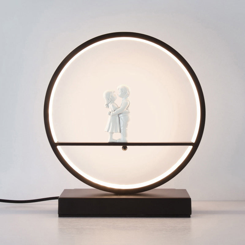 Simona - Romantic Black/White Hoop Nightstand Light Simple Romantic Acrylic Table Lamp in Warm/White Light with Lover Statuette