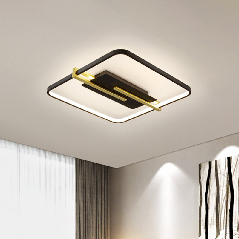 Minimalist LED Bedroom Flush-Mount Light Fixture - Black/White & Gold Ceiling Lamp with Square Acrylic Frame