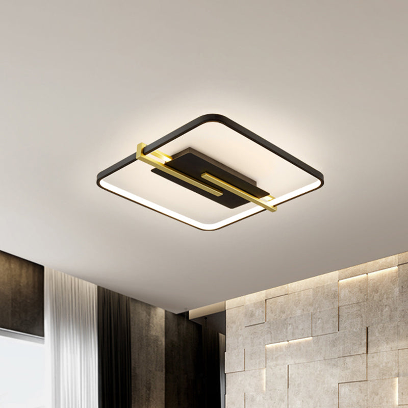 Minimalist LED Bedroom Flush-Mount Light Fixture - Black/White & Gold Ceiling Lamp with Square Acrylic Frame