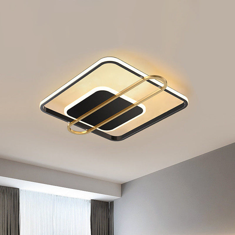 Slim Ceiling Light Fixture: Square and Oblong Simplicity Aluminum LED Flush Mount in Black/White/Gold, 16.5/20.5 Inch Width