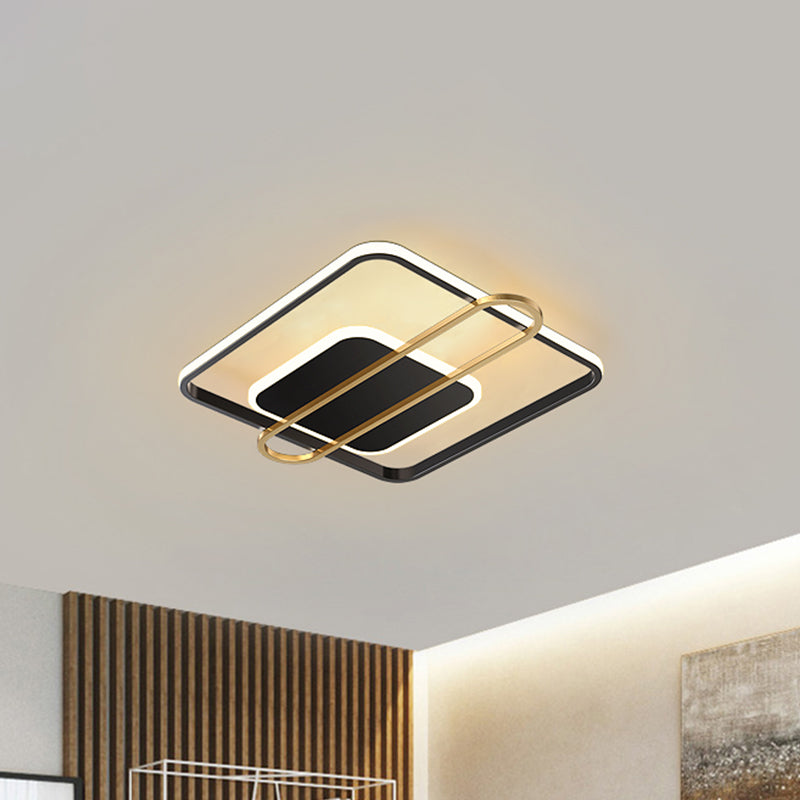 Slim Ceiling Light Fixture: Square and Oblong Simplicity Aluminum LED Flush Mount in Black/White/Gold, 16.5/20.5 Inch Width