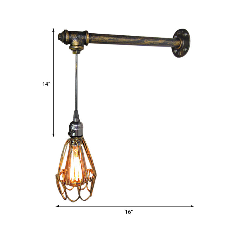 Rustic Antique Brass Caged Wall Lamp With Pipe - Dining Room Light Fixture