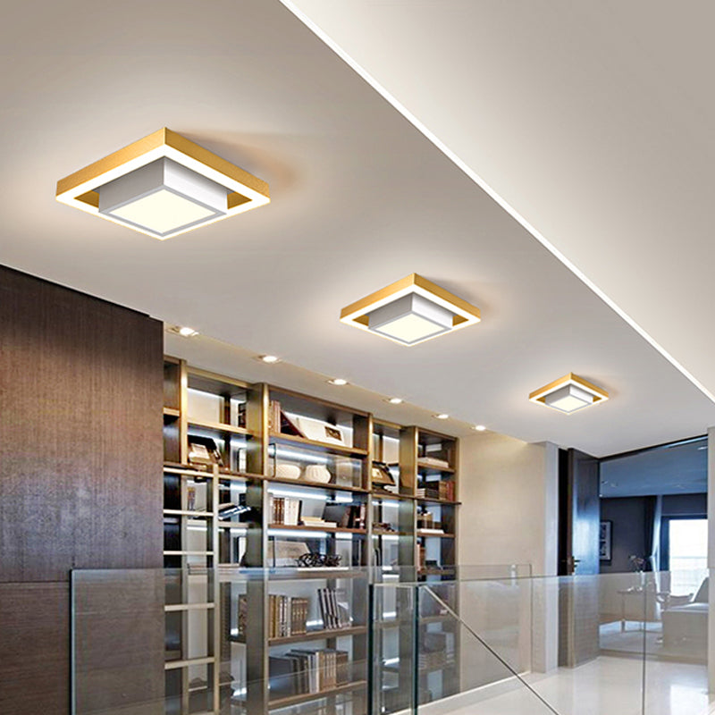 Modern LED Flush Mount for Hall with Dual Square Design, Acrylic Shade, and Black/Gold/Coffee Finish.