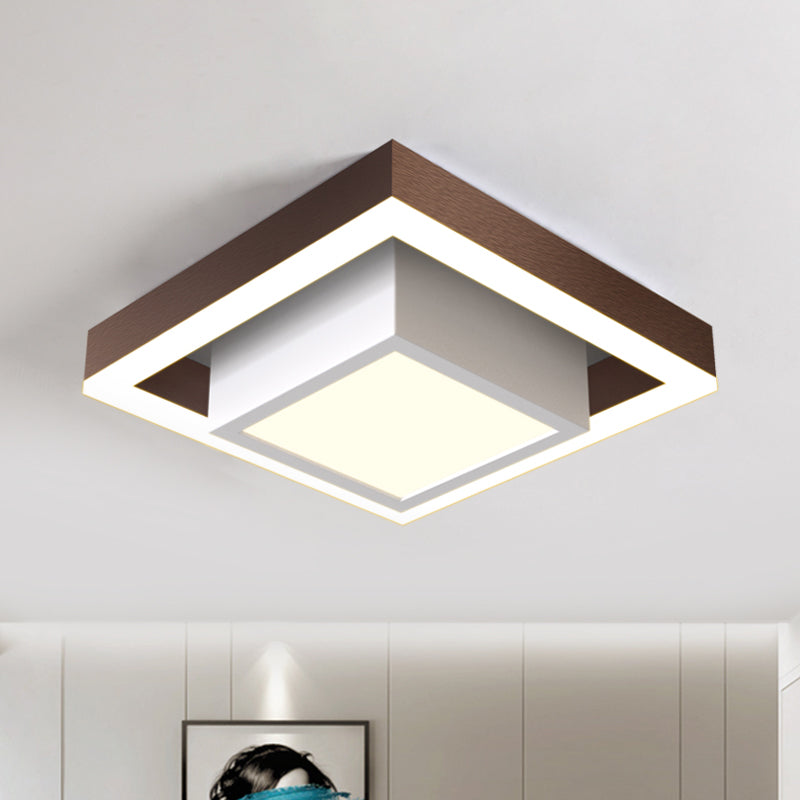 Modern Led Flush Mount For Hall With Dual Square Design Acrylic Shade And Black/Gold/Coffee Finish.