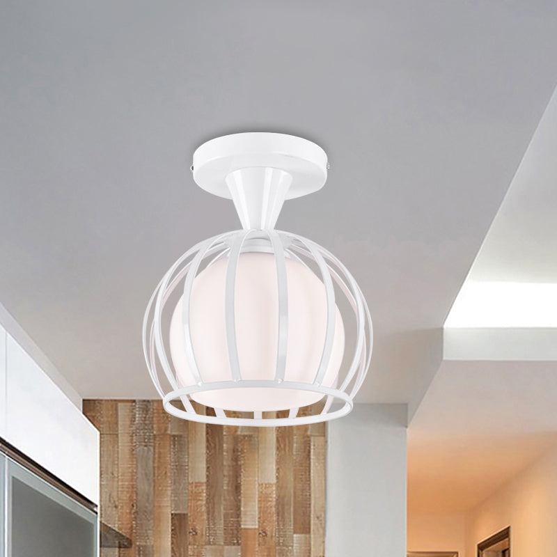 Modern Opal Glass Ceiling Mount Light - Half Globe Semi Flush - White - with Wire Cage Guard