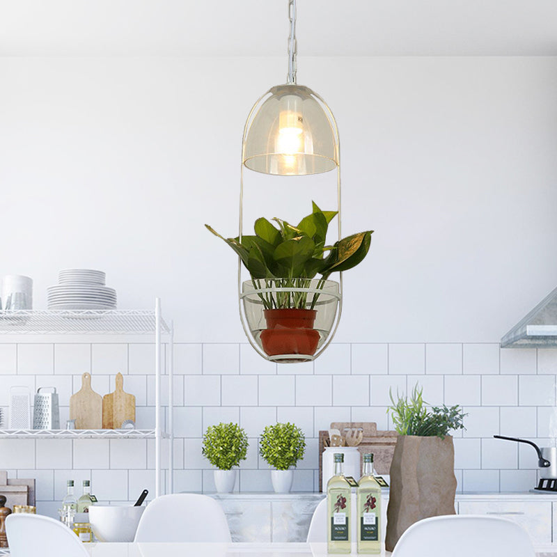 Farmhouse Pendant Light: White/Gold Drop Lamp with Clear Glass Bowl Shade, Oval Cage Fixture