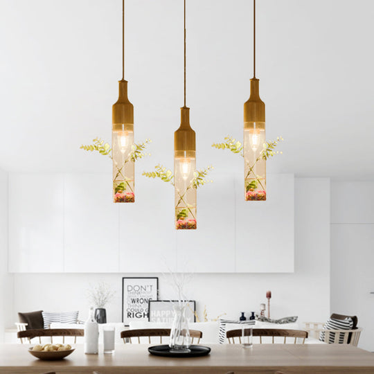 Modern Nordic Glass Bottle Pendant Light for Restaurants - Clear Glass, Wood Finish with 2/3/4 Bulbs and Round/Linear Canopy