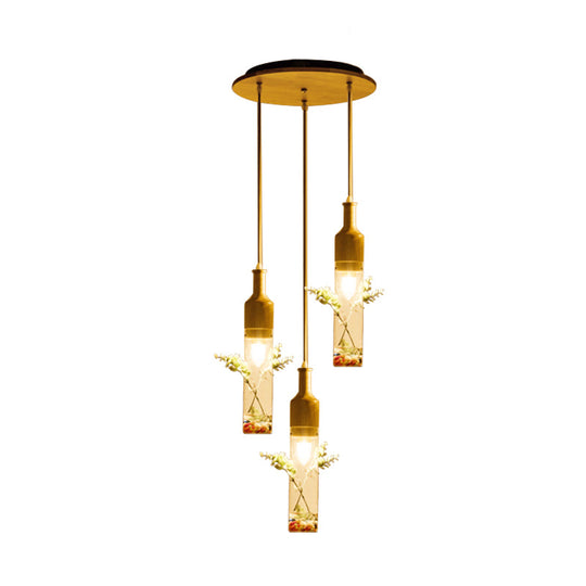 Modern Nordic Glass Bottle Pendant Light for Restaurants - Clear Glass, Wood Finish with 2/3/4 Bulbs and Round/Linear Canopy