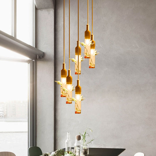 Modern Nordic Glass Bottle Pendant Light for Restaurants - Clear Glass, Wood Finish with 2/3/4 Bulbs and Round/Linear Canopy