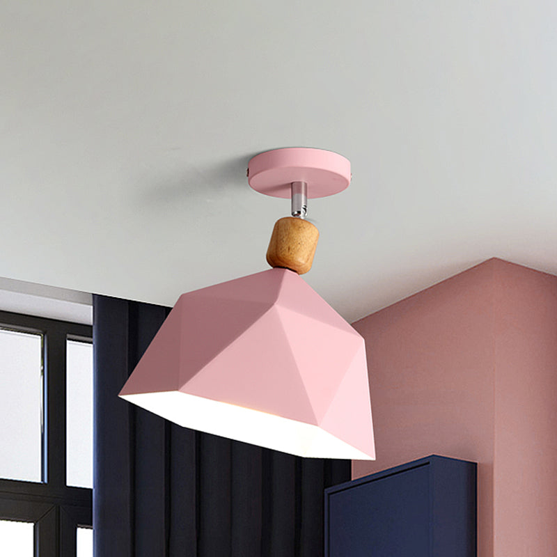 Shade Faceted Dome Ceiling Light Fixture - Macaron Metal Semi-Flush Mount for Apartments - Pink/Gold-Wood