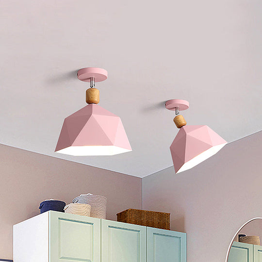 Shade Faceted Dome Ceiling Light Fixture - Macaron Metal Semi-Flush Mount for Apartments - Pink/Gold-Wood