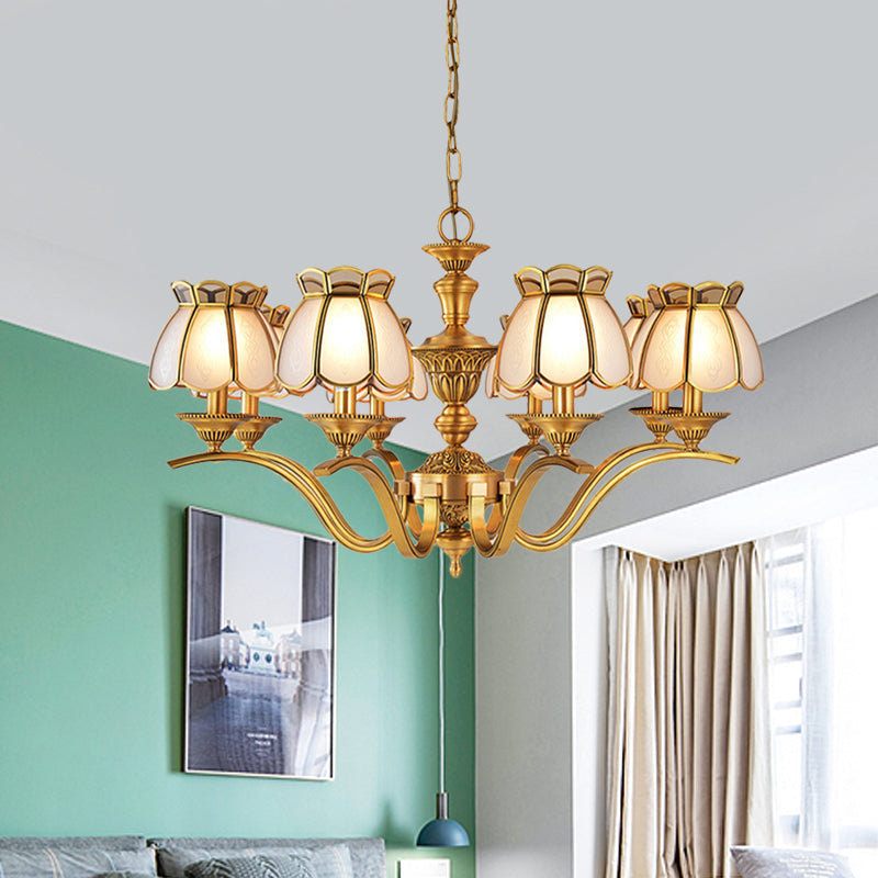 Scalloped Pendant Chandelier - Colonial Gold Finish With Frosted White Glass