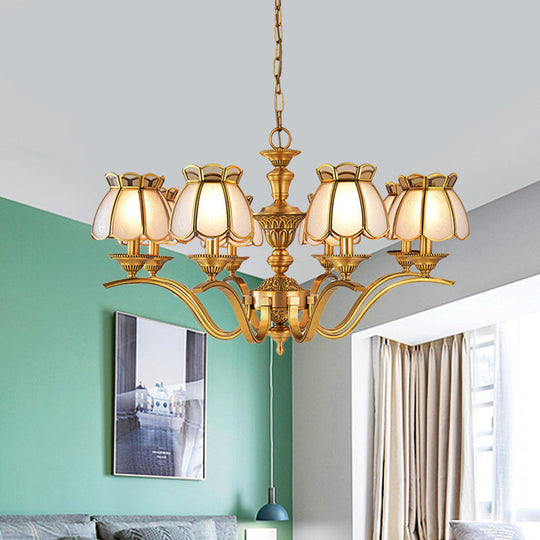 Scalloped Pendant Chandelier - Colonial Gold Finish With Frosted White Glass