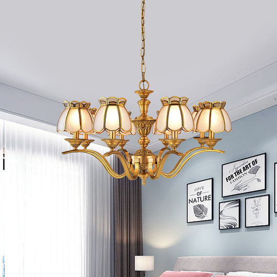 Scalloped Pendant Chandelier - Colonial Gold Finish With Frosted White Glass