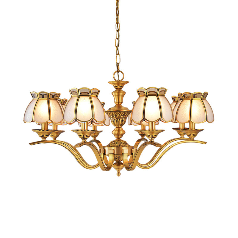 Scalloped Pendant Chandelier - Colonial Gold Finish With Frosted White Glass